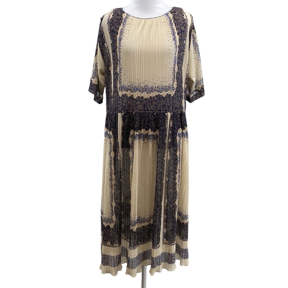 Vintage 70s Hal Ferman‎ Donald Curtis Dress Womens Size 14 Cream Blue Boho